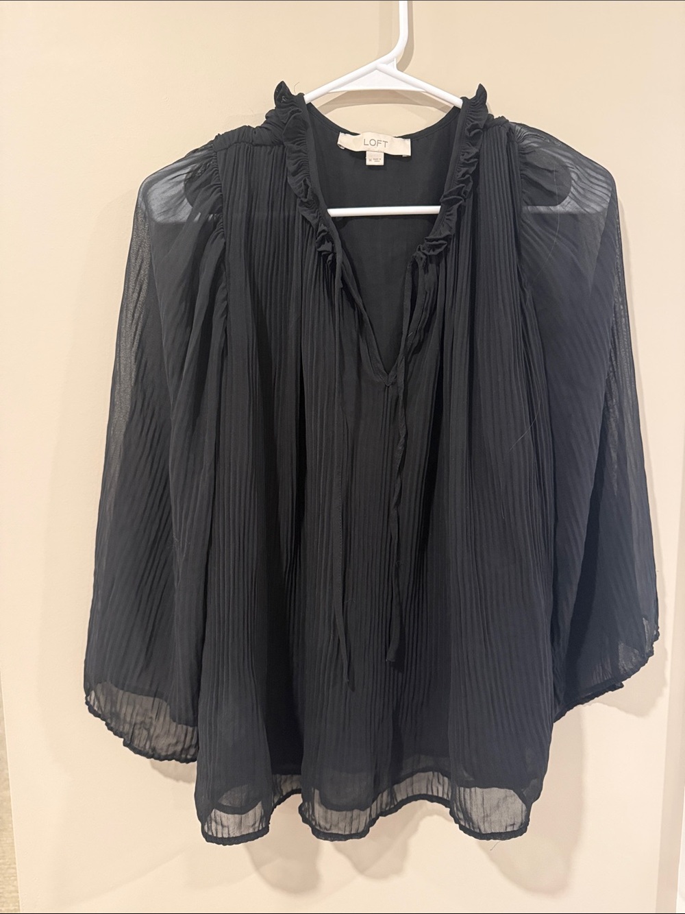 LOFT Black Sheer Pleated Ruffle V-Neck Tie Blouse